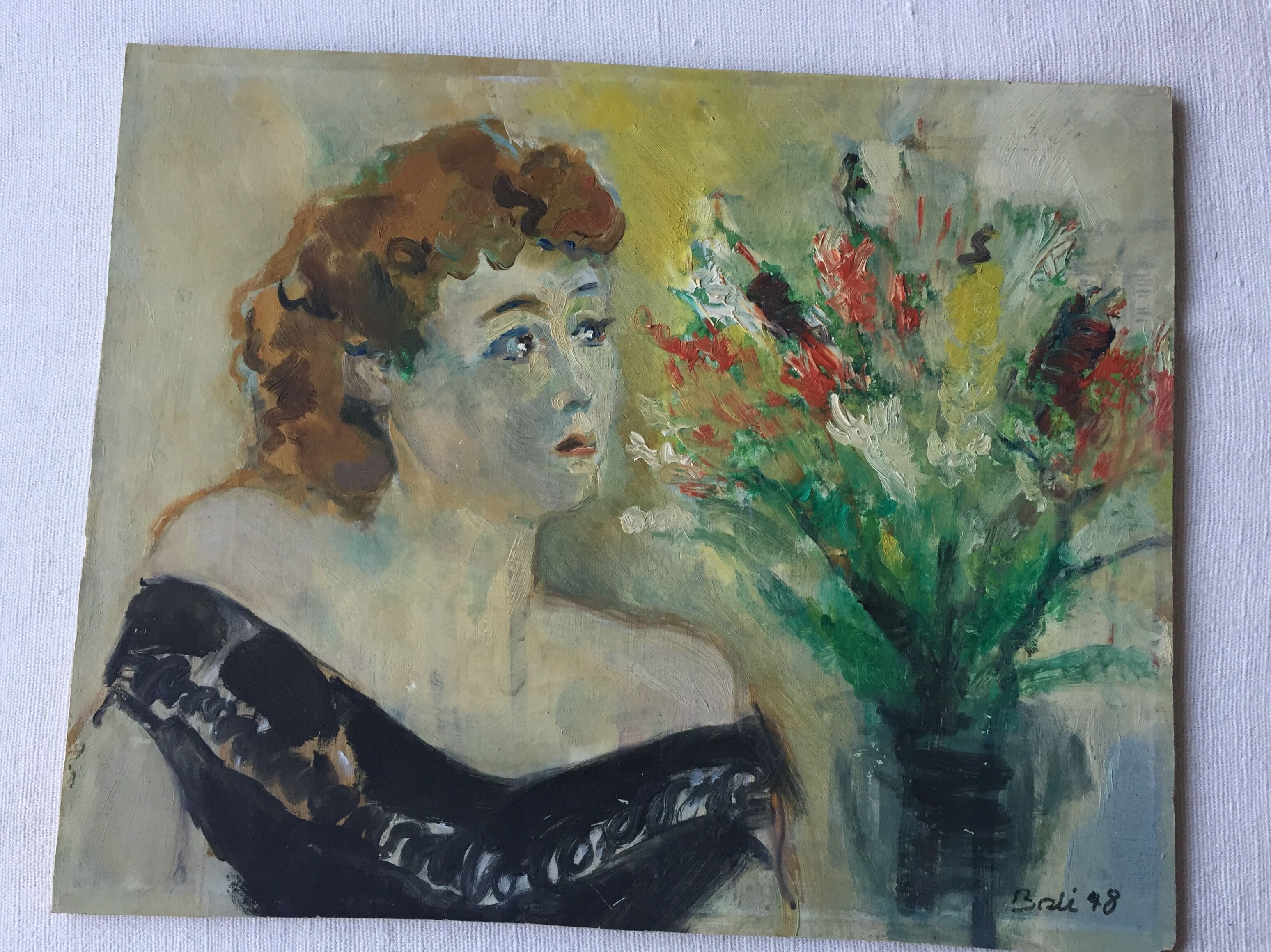 Huile sur bois portrait jeune femme 1948