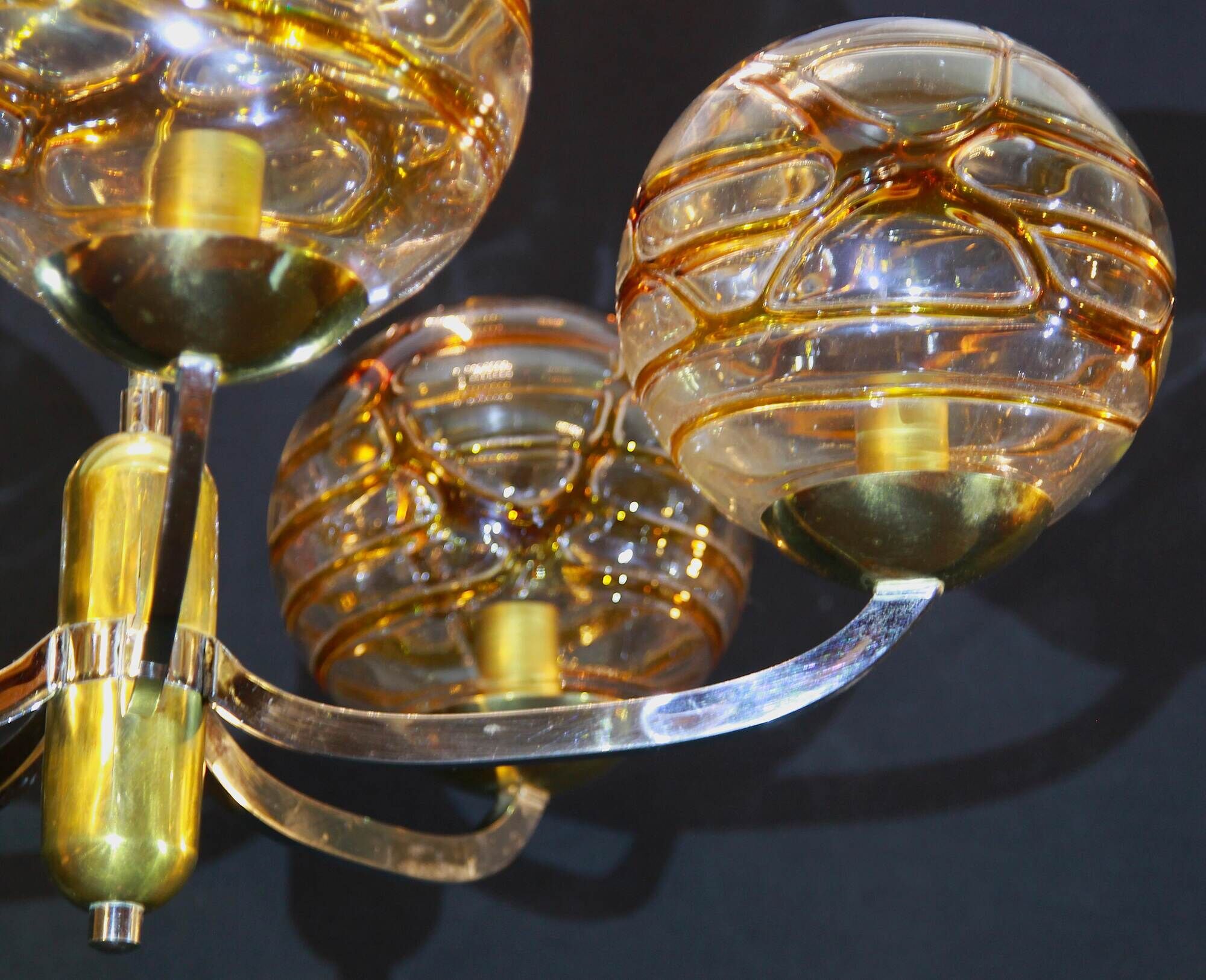 Mid 20th Century Amber Murano Glass Globe Textured,Chrome and Brass Chandelier, by Doria