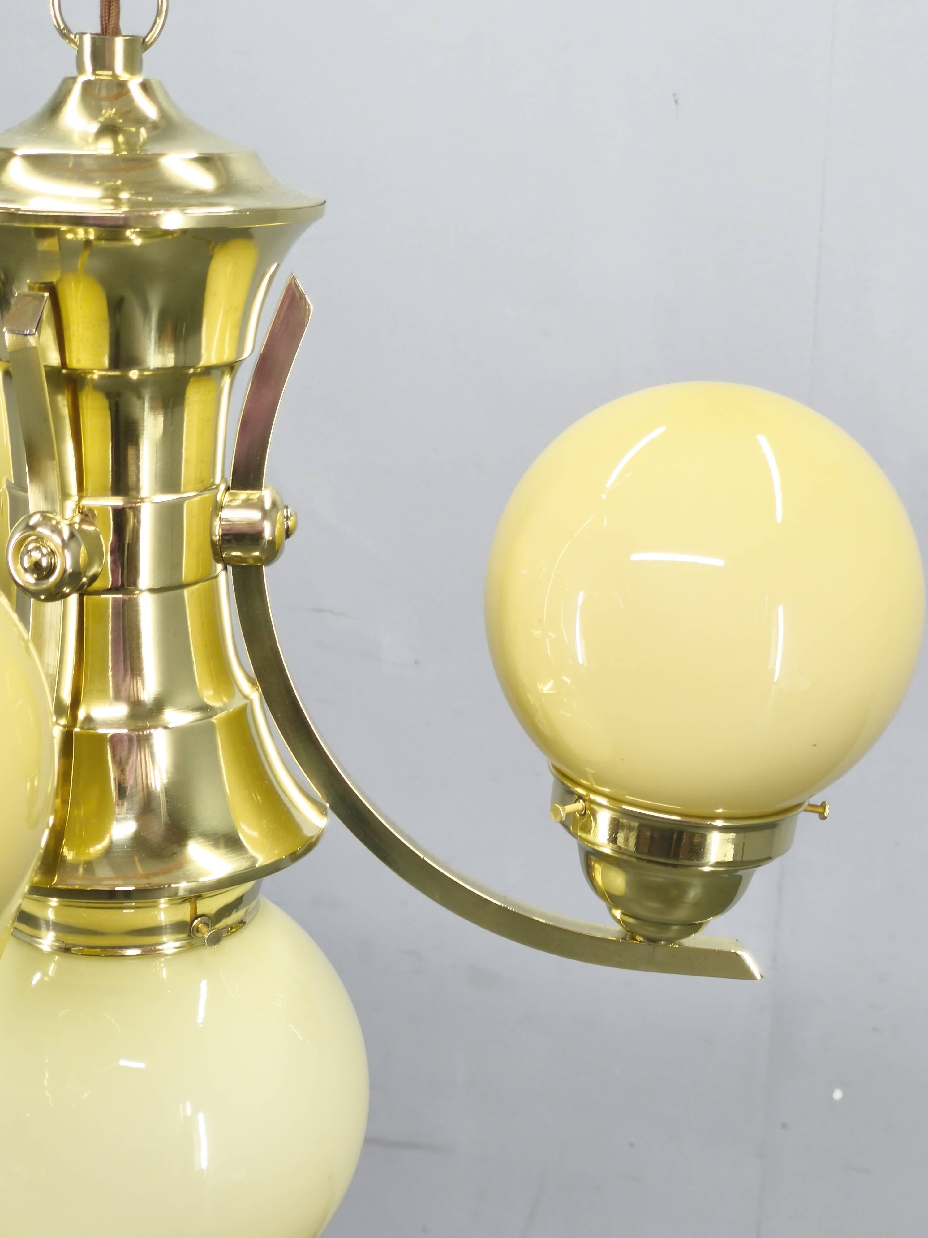 Art Deco Brass and Opaline Glass Chandelier, 1930s