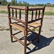 Vintage Dutch rustic corner chair bobbin turned oak with rush seating