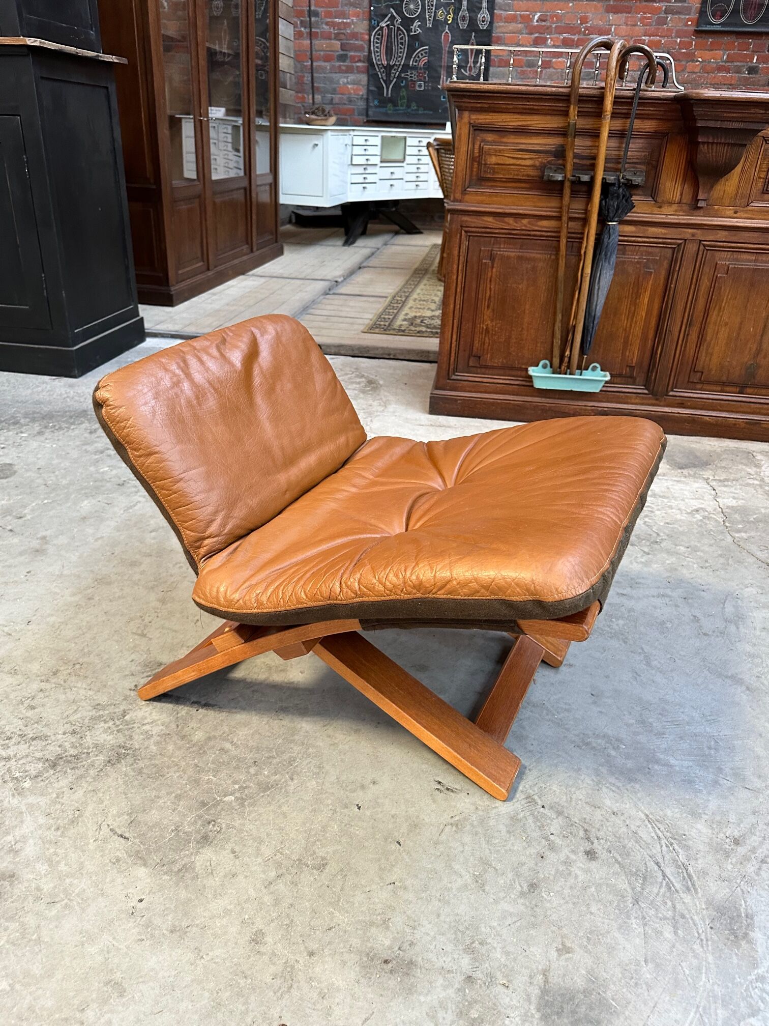 Kroken armchair and footrest in leather and bentwood by Ake Fribytter for Nelo Mobel, Sweden
