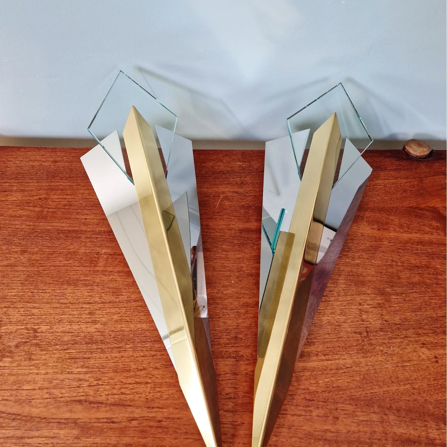 Large pair of triangular wall sconces, J.T. Kalmar, 1970-80.