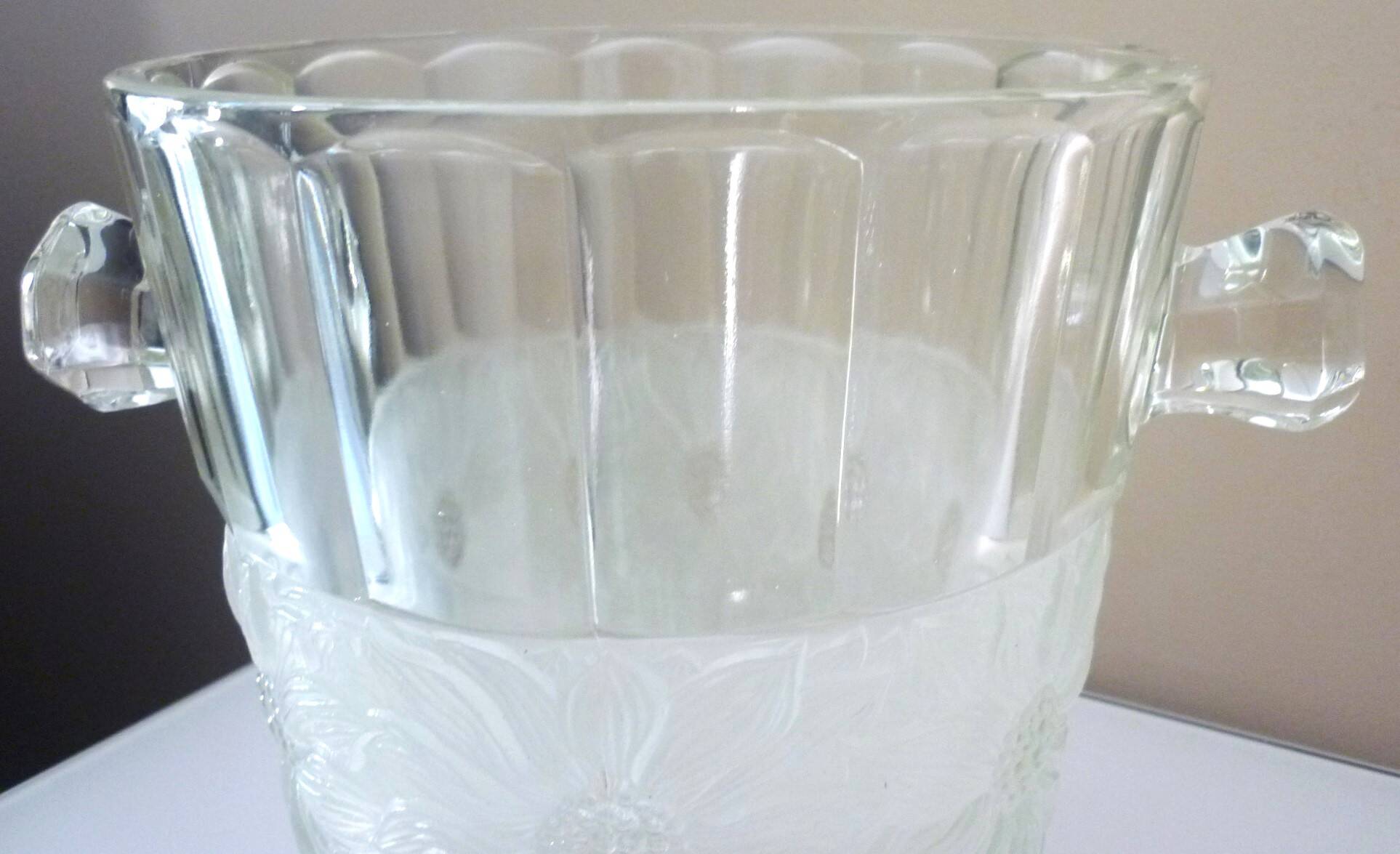 Champagne bucket, Art Deco style and period, thick, molded, frosted crystal