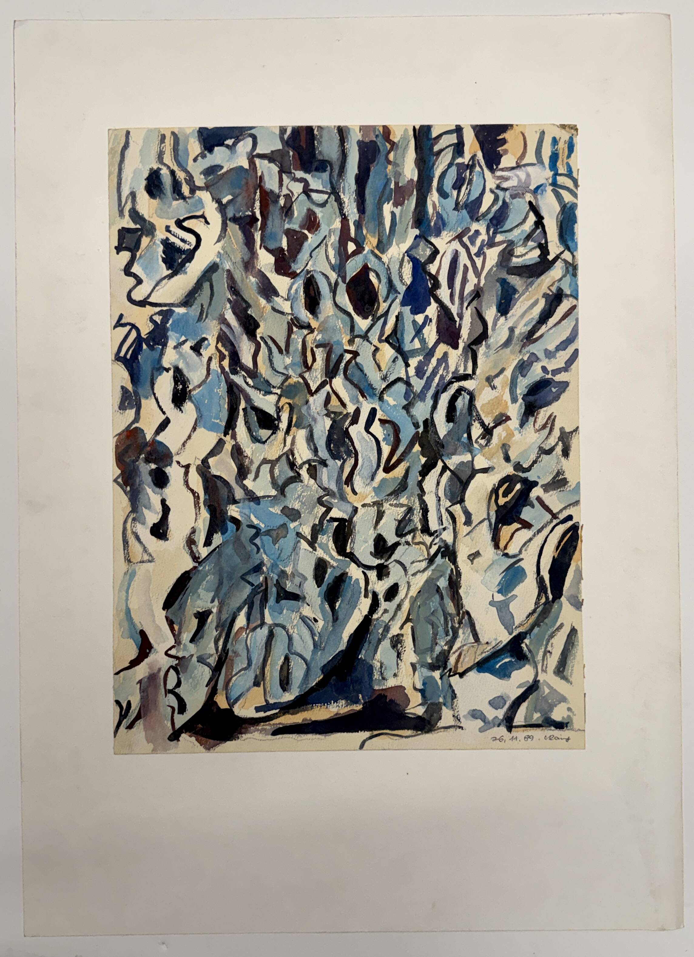 Helmut Dittmann, Abstract Composition in Blue and Grey, Paint on Paper 1989