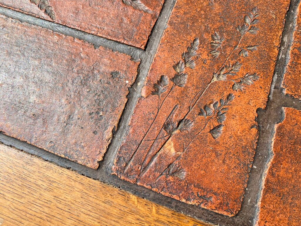 Coffee table herbarium solid oak and ceramic 1950