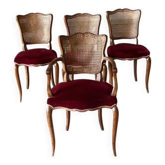 Set of 4 Louis XV style chairs in cherry wood – caning and burgundy velvet.
