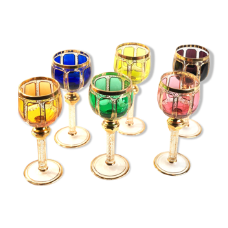 6 crystal high wine glasses of different colors. Gold 24K