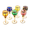 6 verres à vin hauts en cristal de couleurs différentes. Or 24K