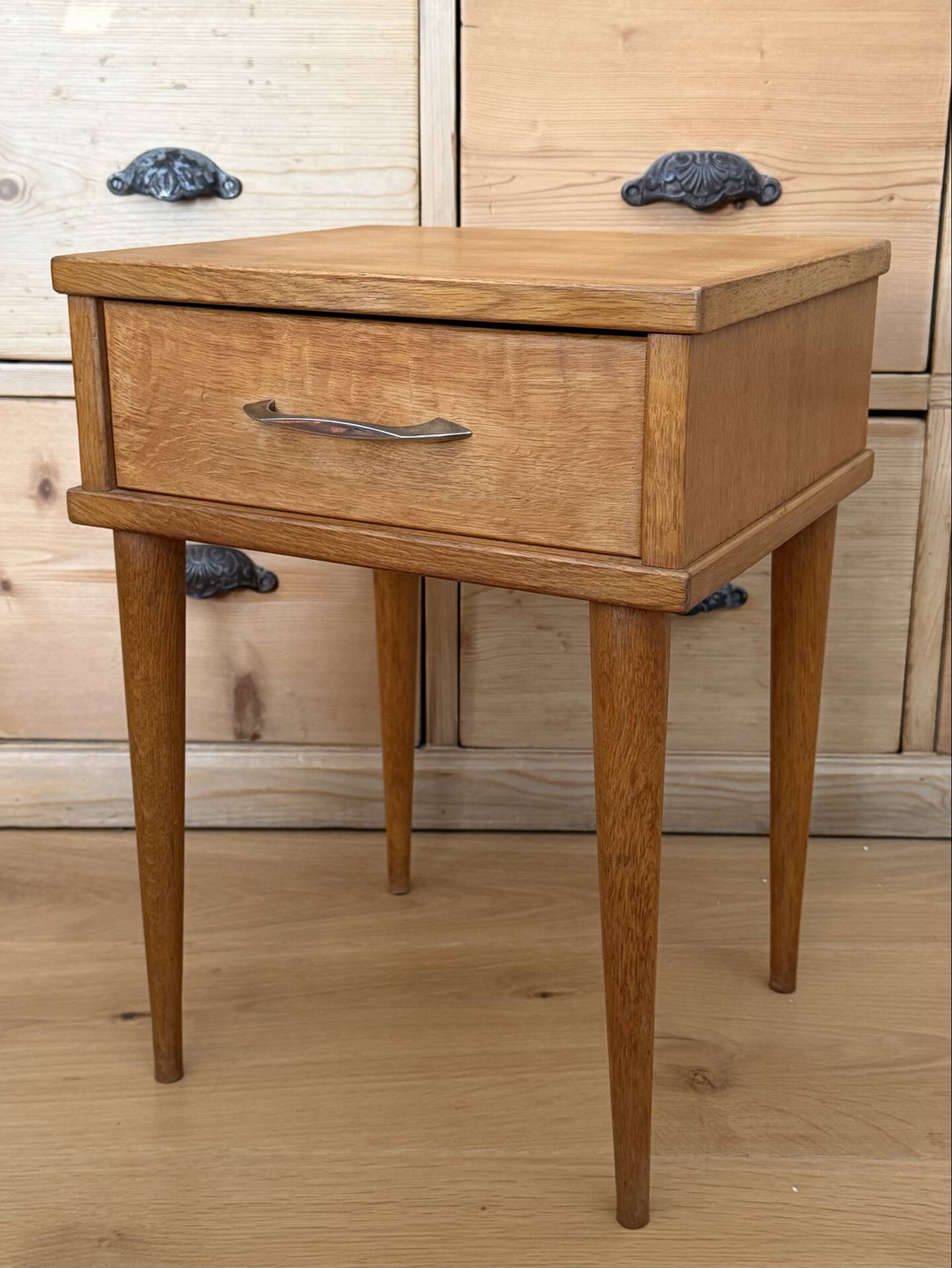 Vintage bedside table, solid oak, 1950s.