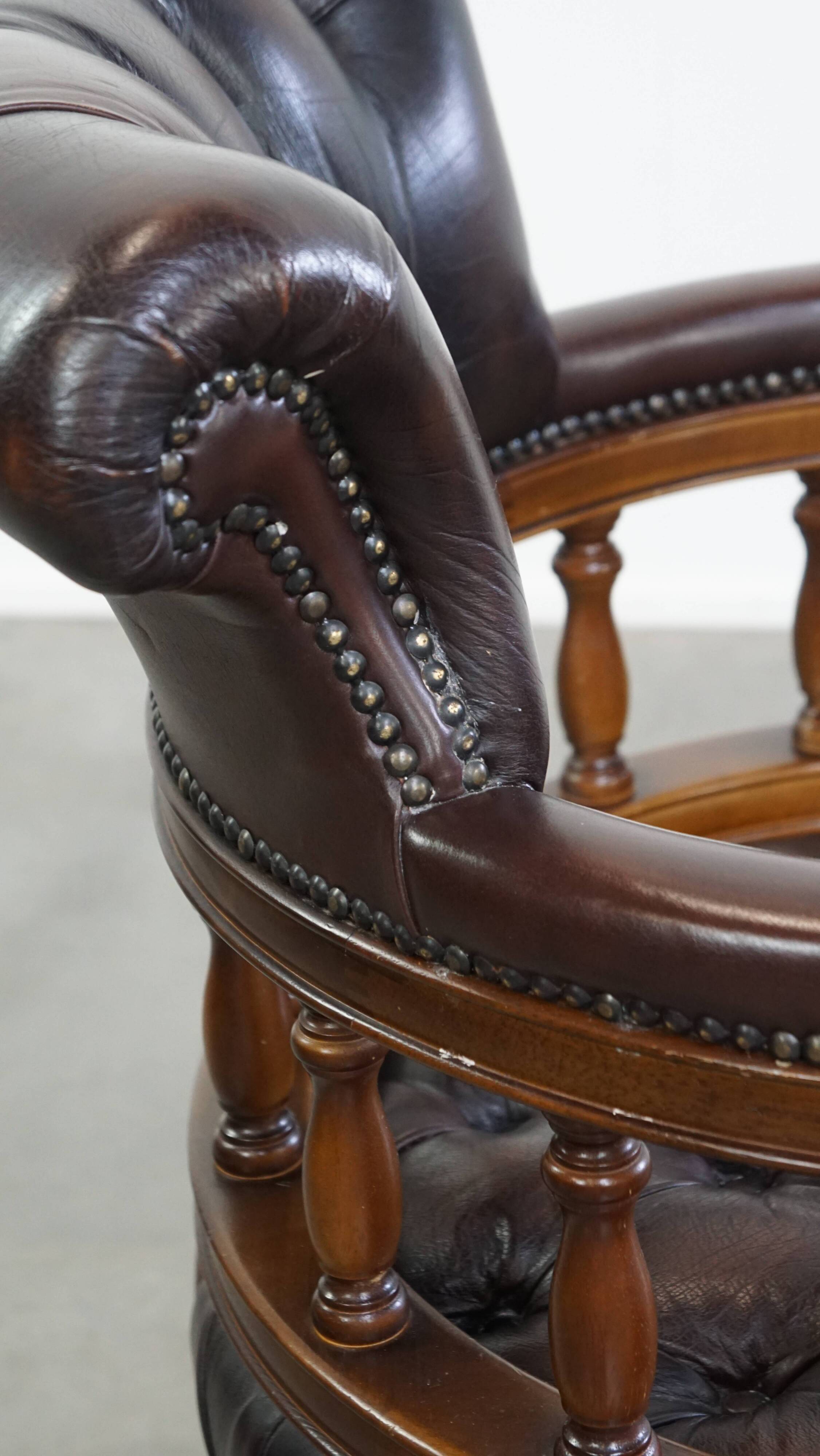 Chesterfield Office Chair on Wheels in Dark Brown Cowhide Leather