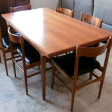 Table with two extensions and its 6 chairs scandinavian teak of the 1970s