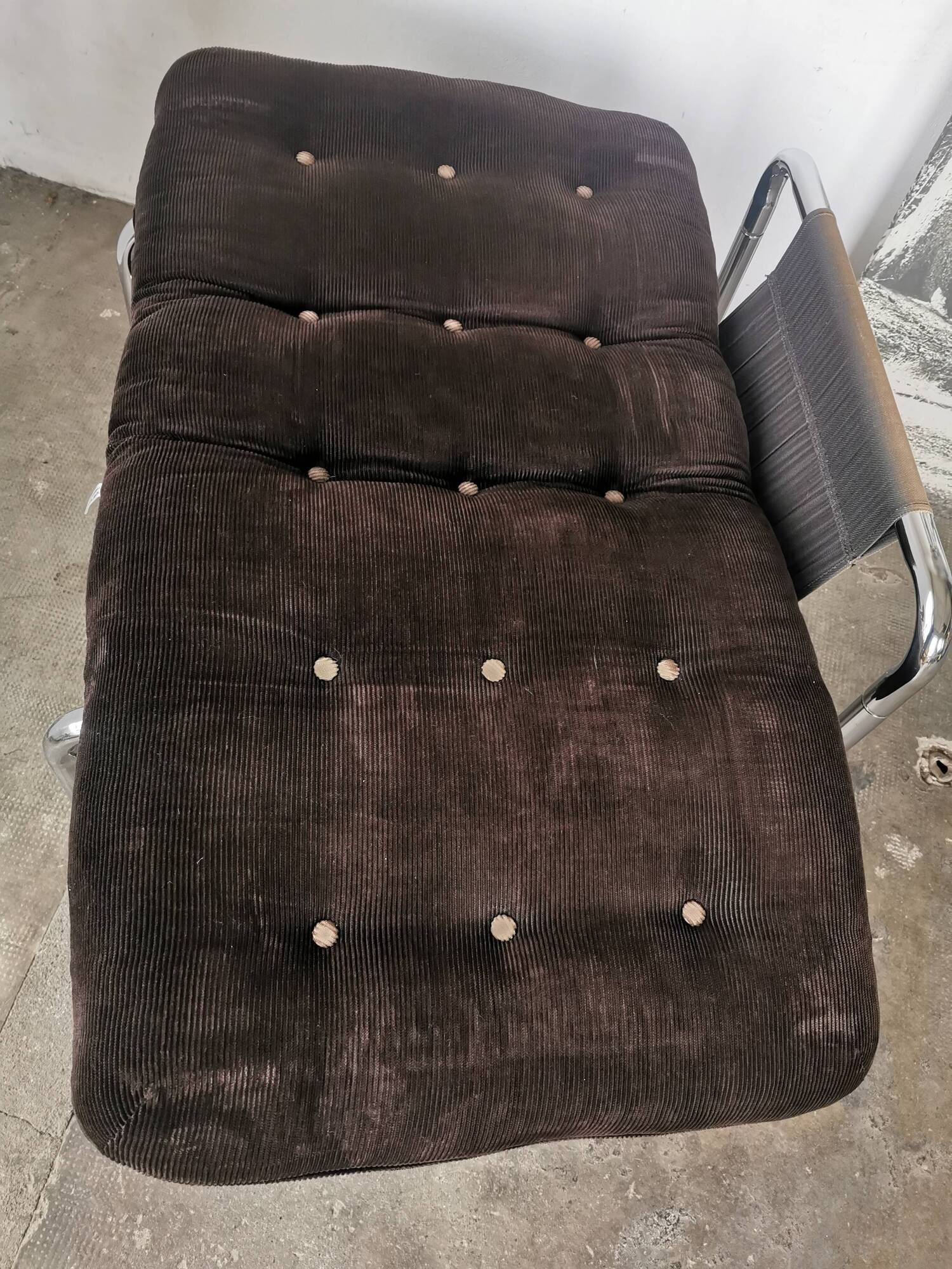 Velvet and tubular metal armchair 1980