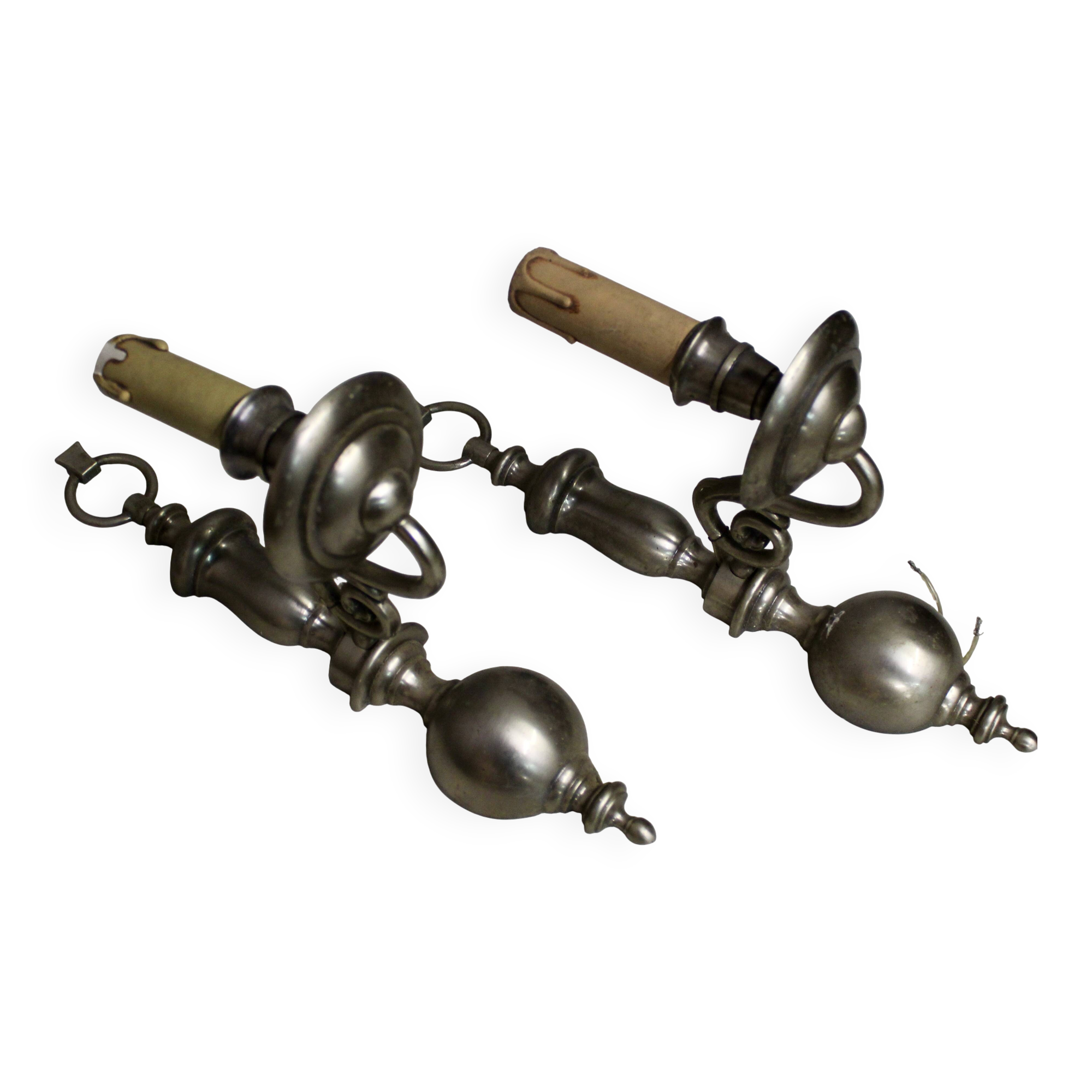 Pair of pewter-colored bronze wall sconces