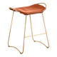 Tabouret de comptoir de cuisine contemporain en métal laiton vieilli et cuir naturel tan.