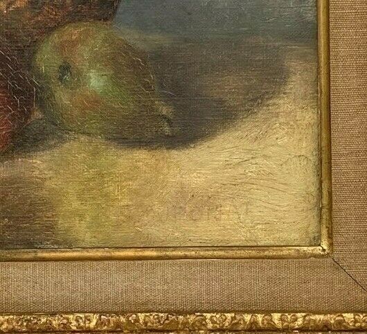 J poisat oil on canvas still life with fruits composition stucco frame