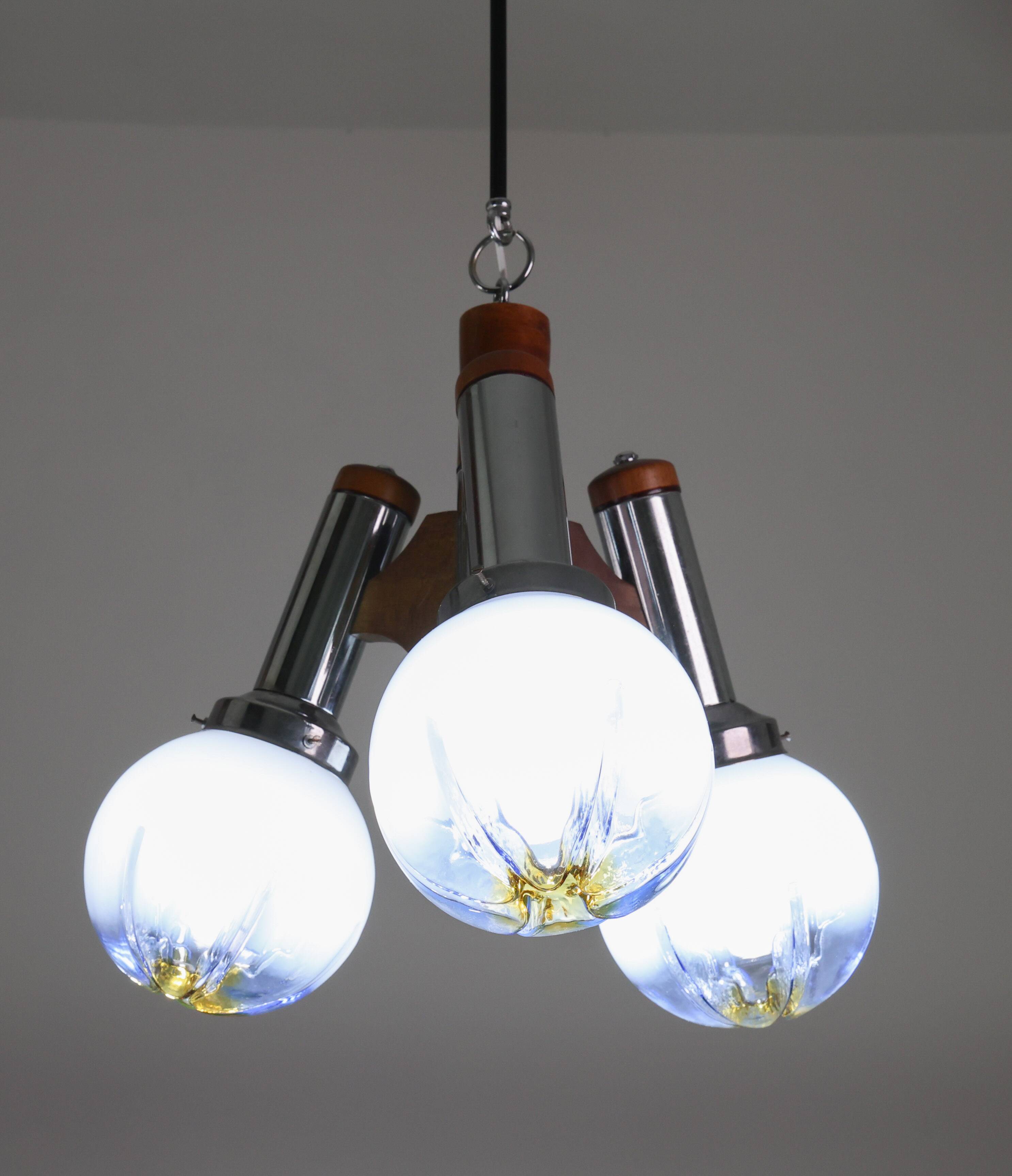 Chandelier en verre de Murano turquoise bleu à 3 lumières de style italien des années 50 par Mazzega