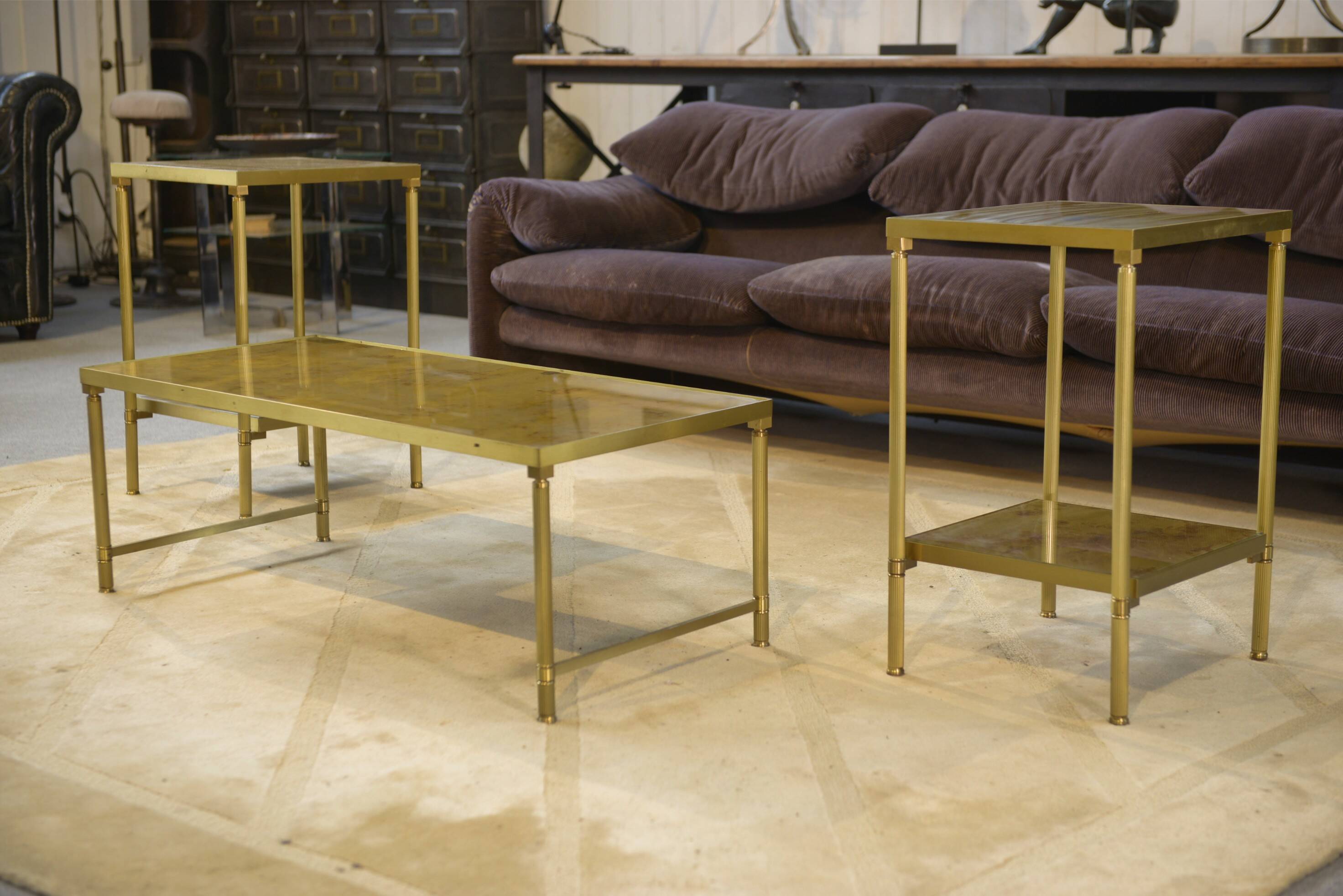 Néo-classical coffee table set with 2 side tables, mirrored glass, 1980s.