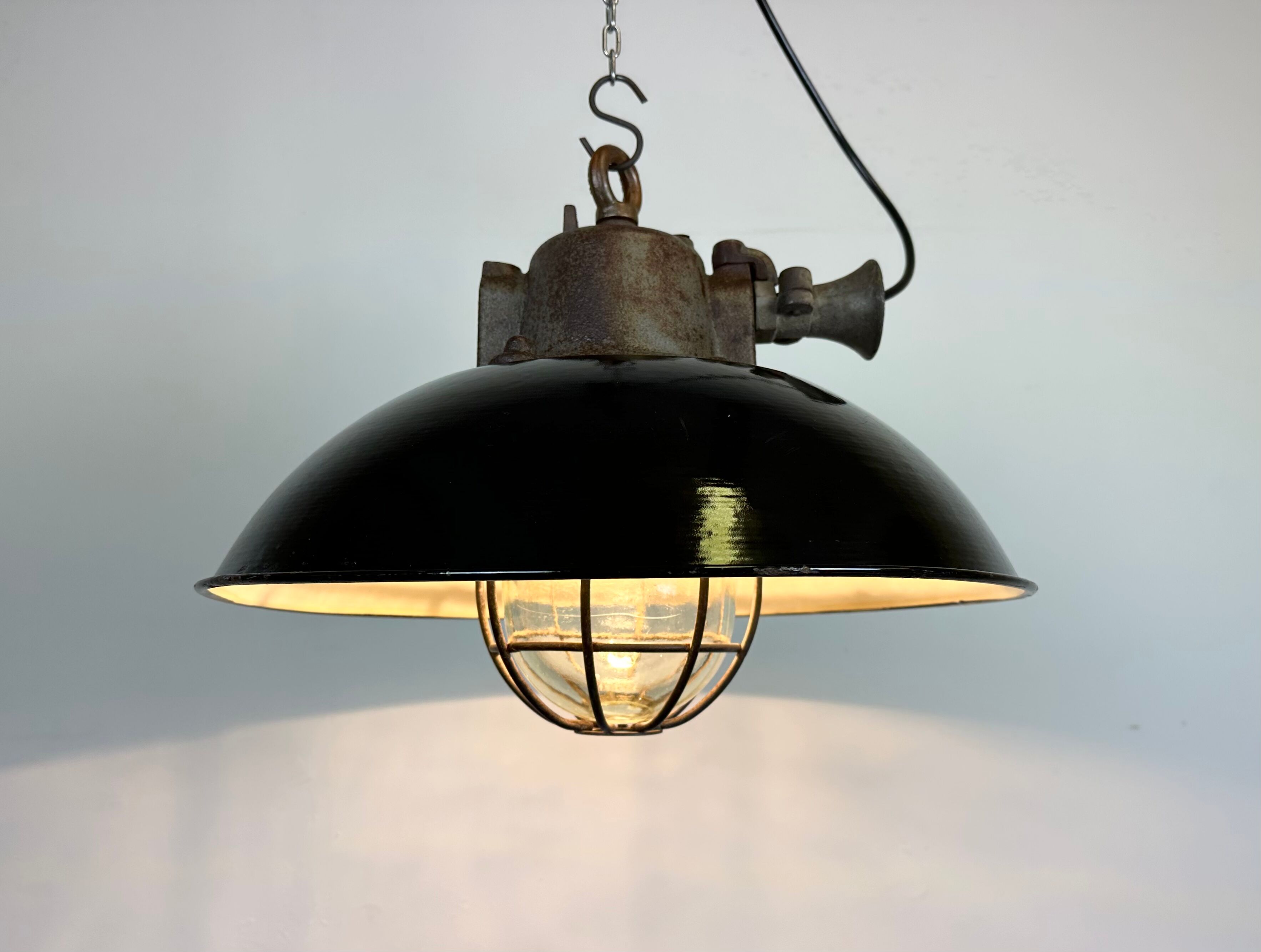 Black enamel and cast iron industrial cage pendant light, 1950s