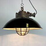 Black enamel and cast iron industrial cage pendant light, 1950s