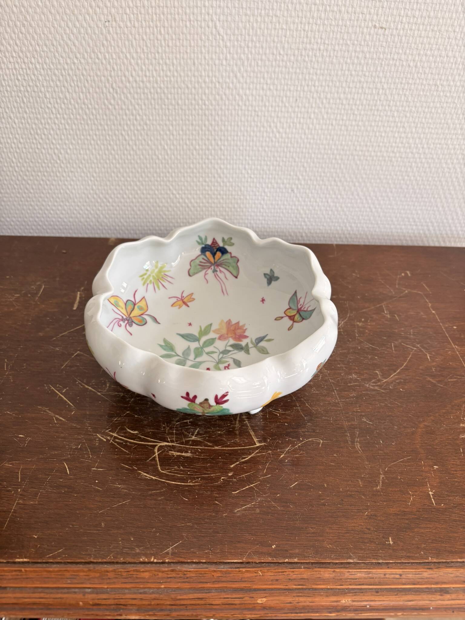 Old Tripod Pocket Bowl Limoges Floral Butterfly Decor Porcelain