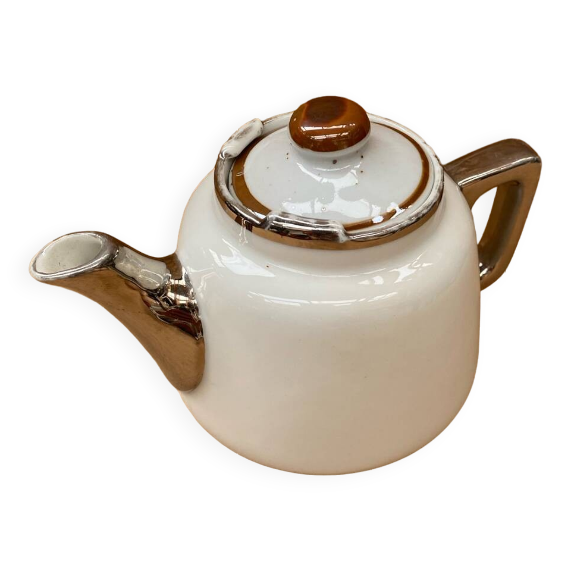 Antique aluminite teapot frugier white & silver ceramic vintage