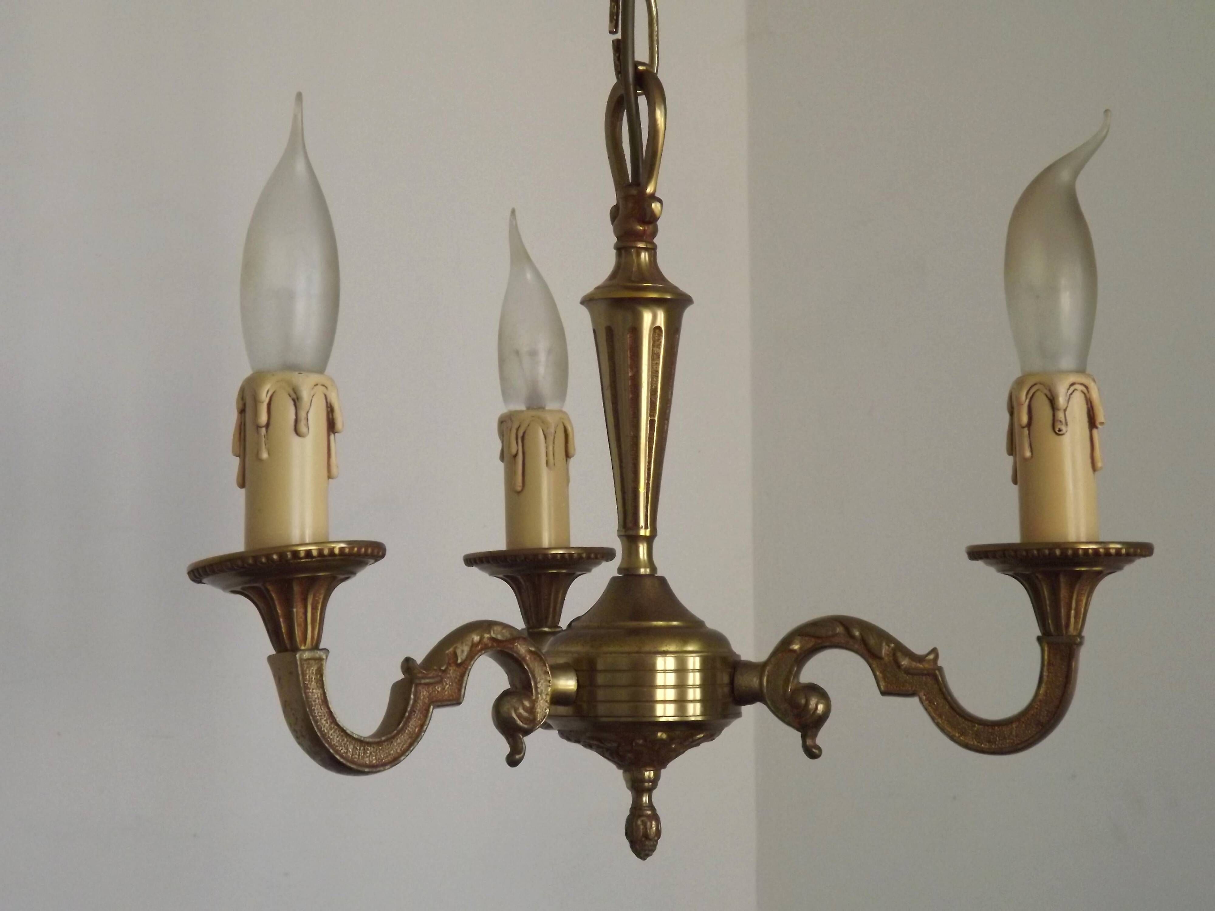 Petite Brass Vintage French Mid Century Traditional 3 Light Chandelier 5365