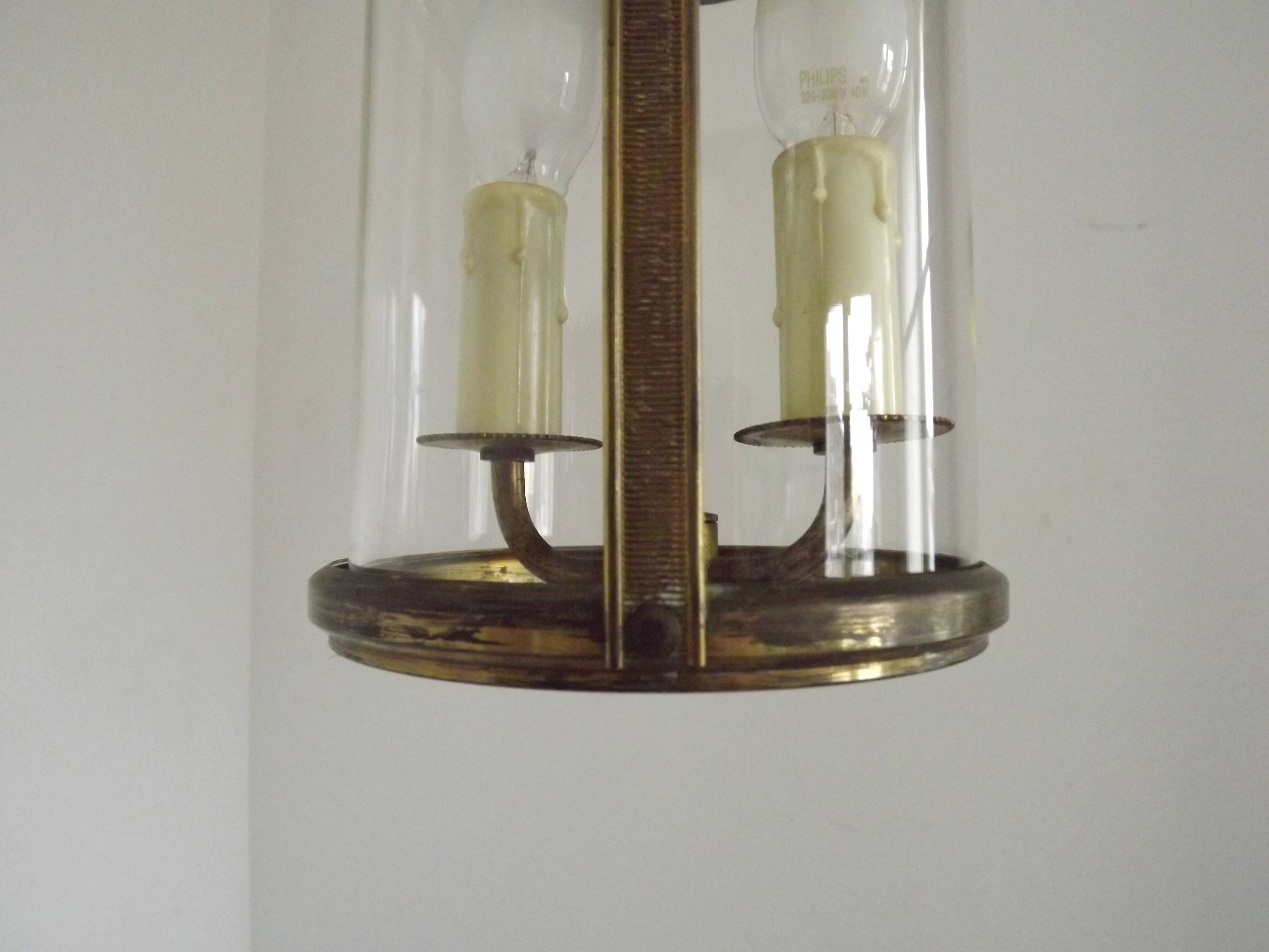 French Vintage Brass 2 Light Hanging Lantern With Cylindrical Glass Shade 4948