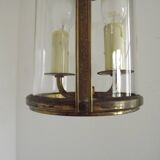 French Vintage Brass 2 Light Hanging Lantern With Cylindrical Glass Shade 4948