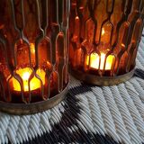Photophores moucharabieh style candlesticks in brass and orange bubbled glass