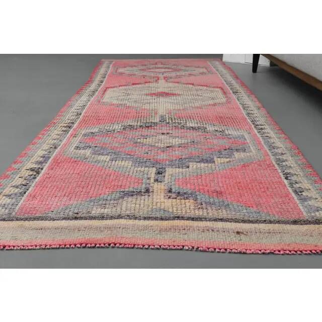 Vintage Turkish Hand-Knotted Wool Cotton Pink Runner Rug 98x330