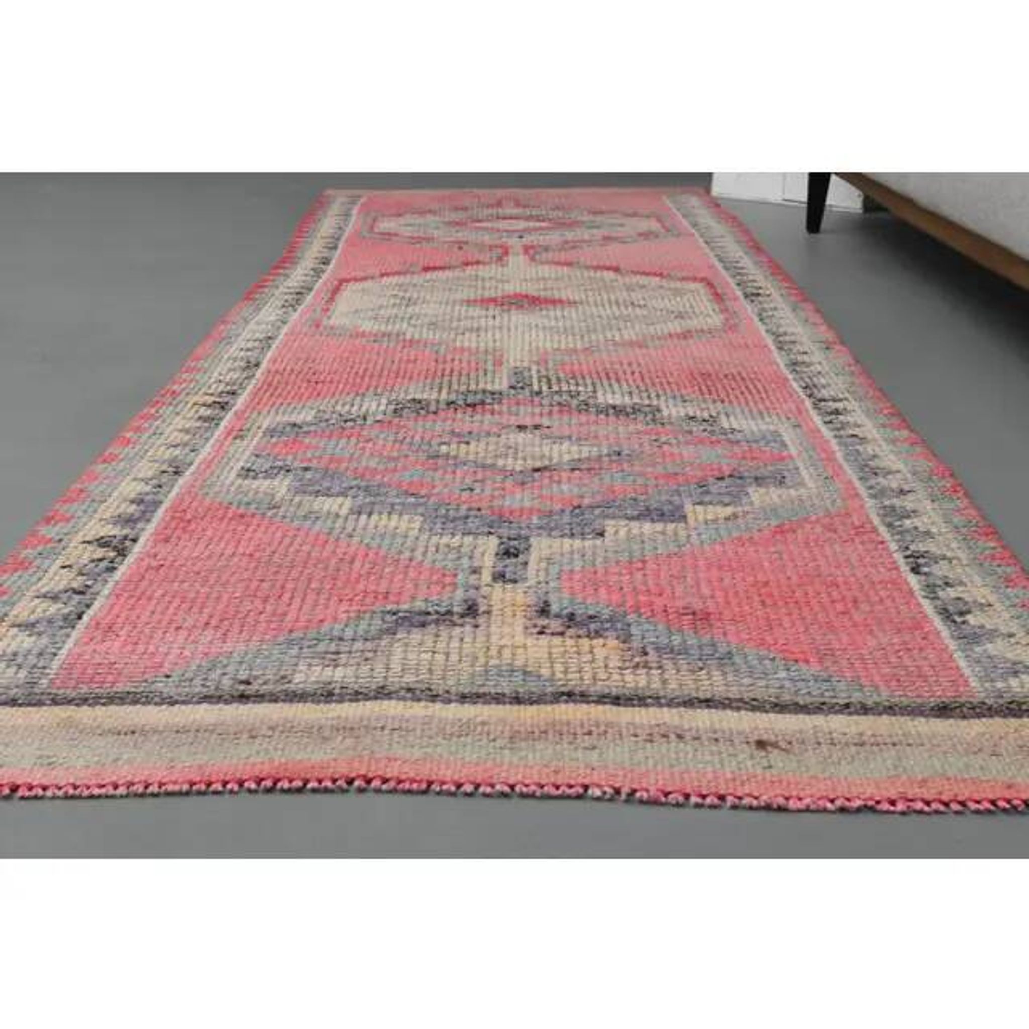Vintage Turkish Hand-Knotted Wool Cotton Pink Runner Rug 98x330