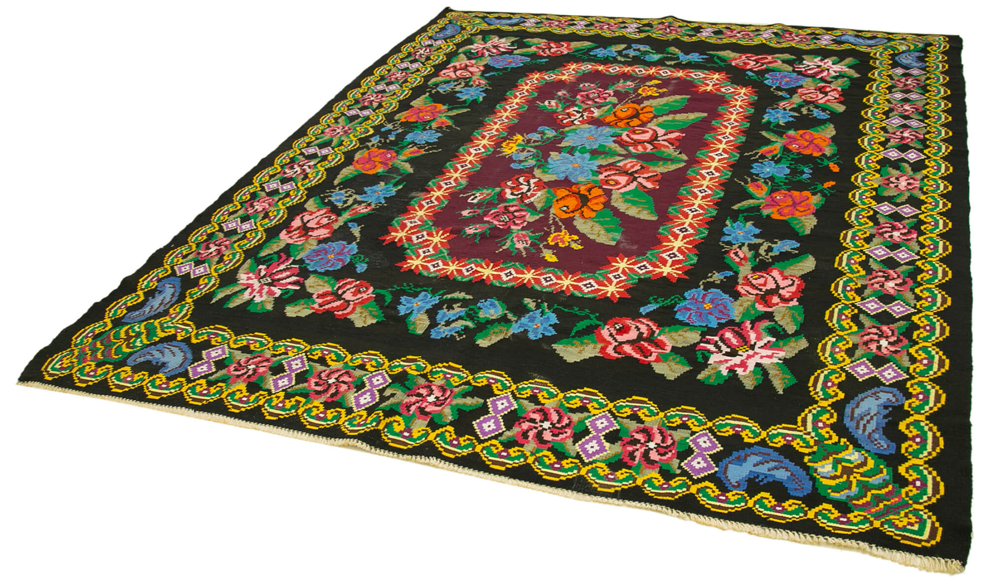 Handwoven Vintage Flatweave Black Kilim 216 cm