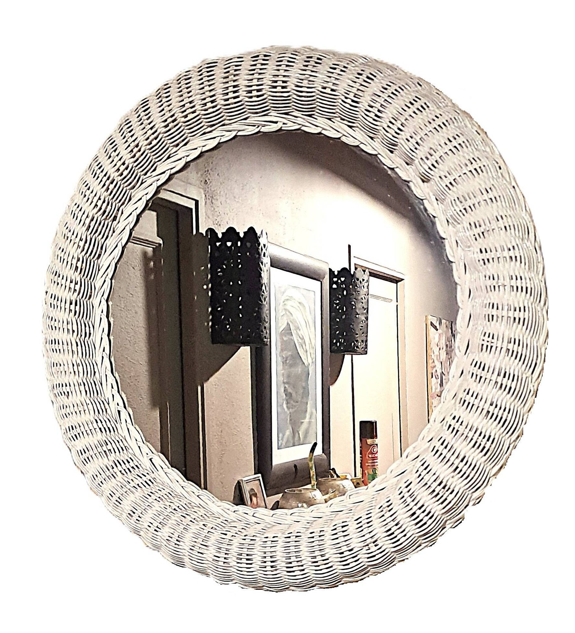 White rattan mirror, 1970s, France, decorative item for entryway or bedroom, large mirror