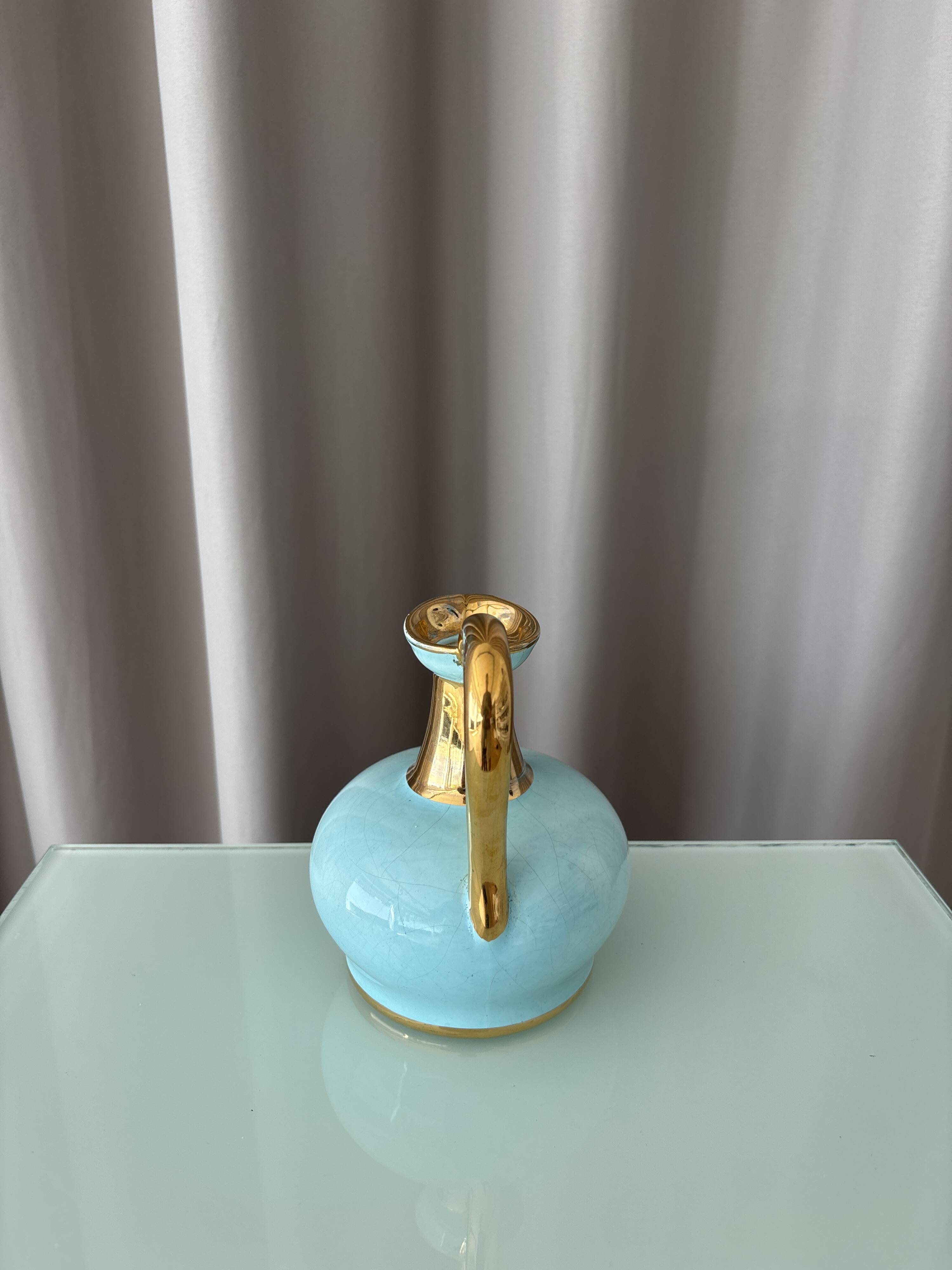 Vintage A. Bayer Belgium Turquoise Crackle Ceramic Jug with Gold
