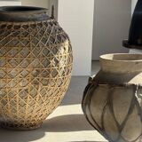 Immense light grey antique-style pot with a crosshatch lid and handles.