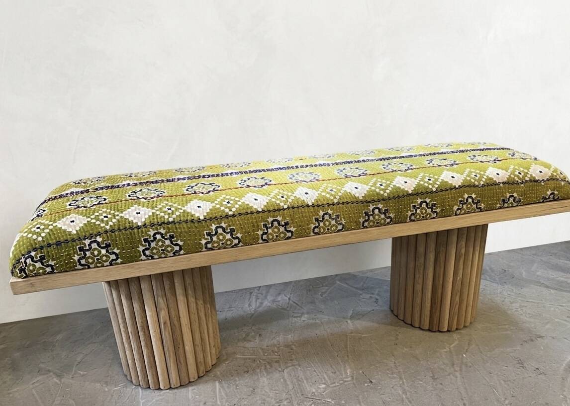 Mango wood bench with khanta fabric.