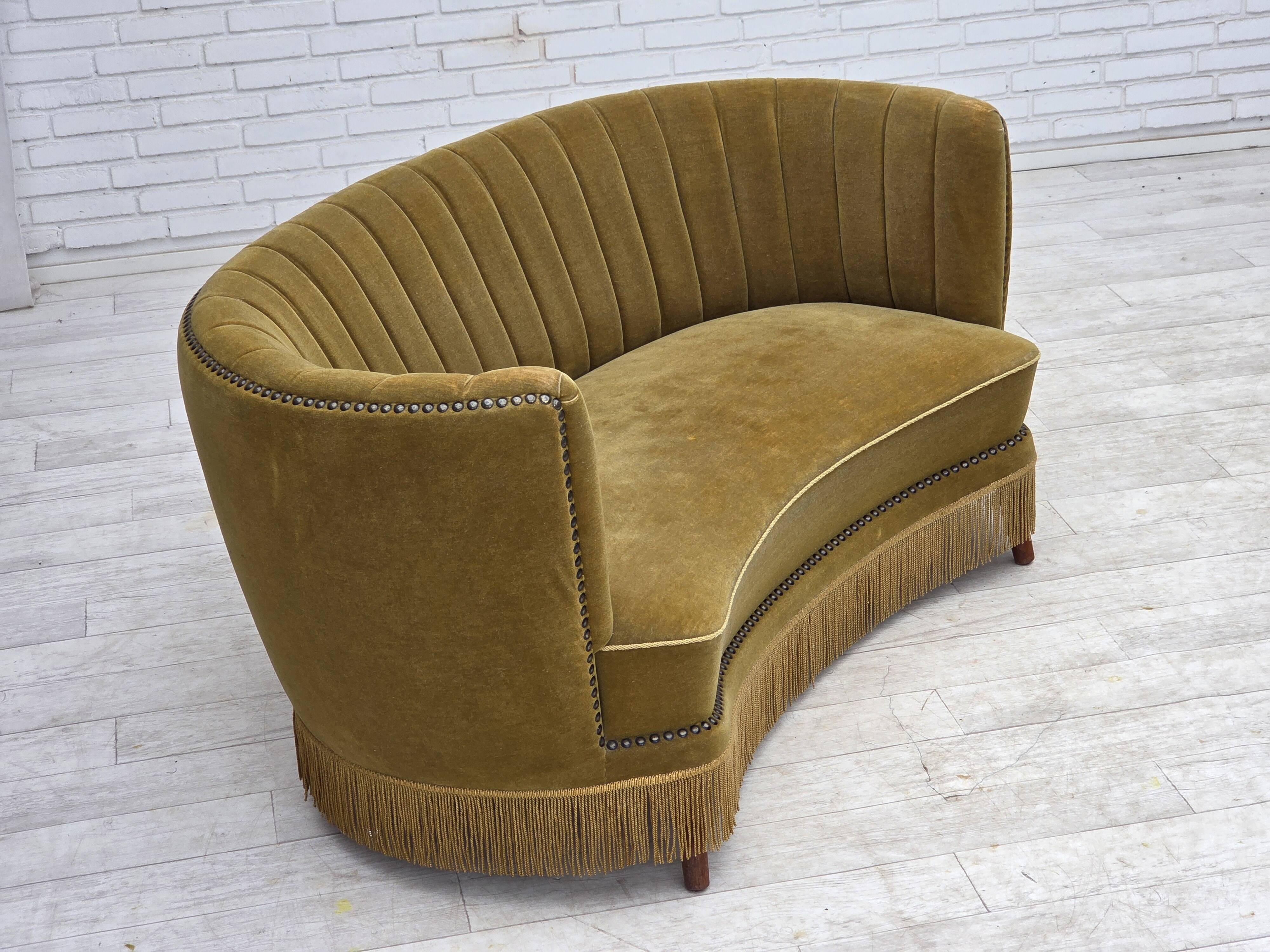1970s, Danish 2-seater "Banana" sofa, green furniture velour.