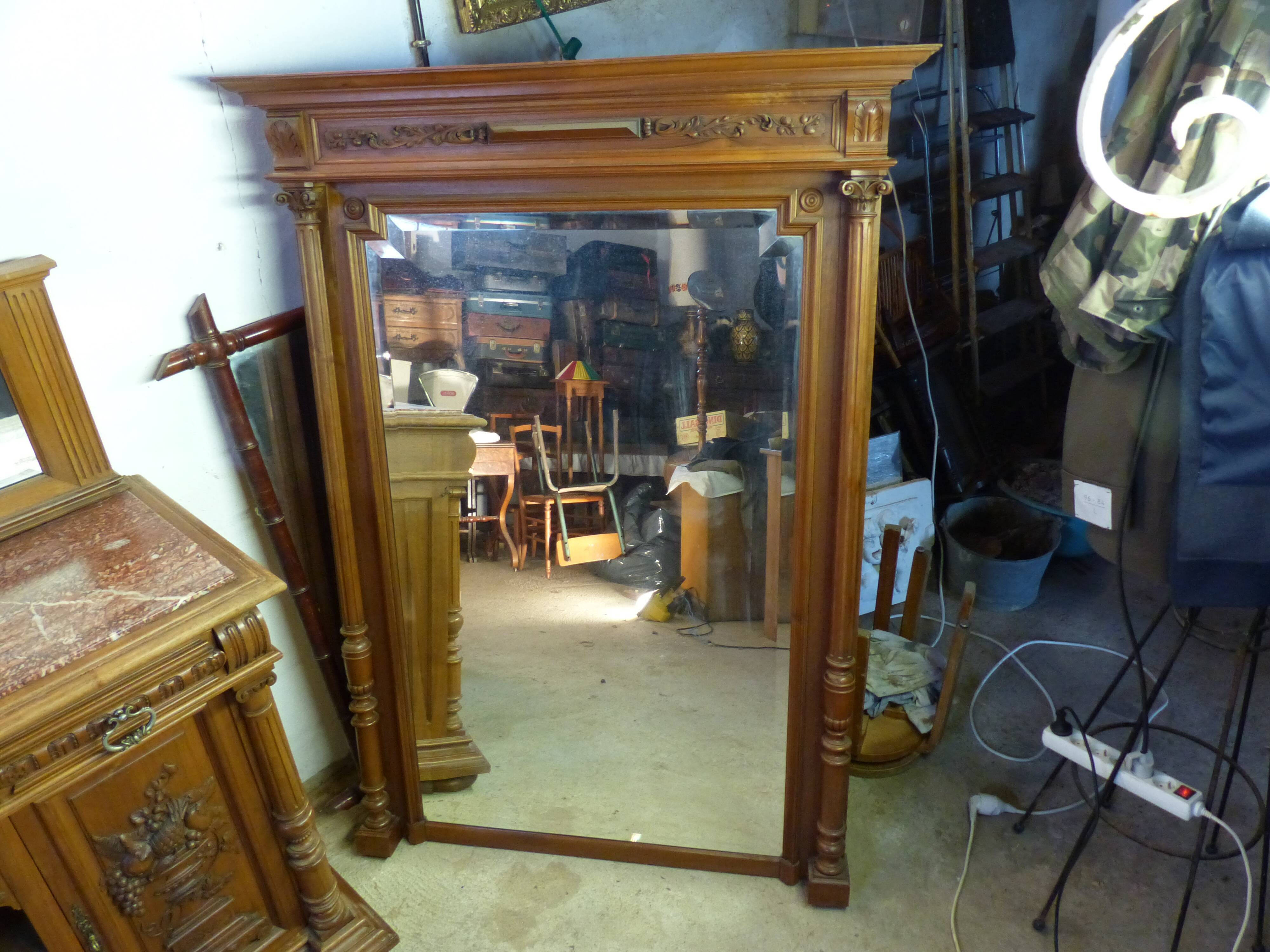 Old very large mirror Henri 2 wooden frame with columns beveled glass