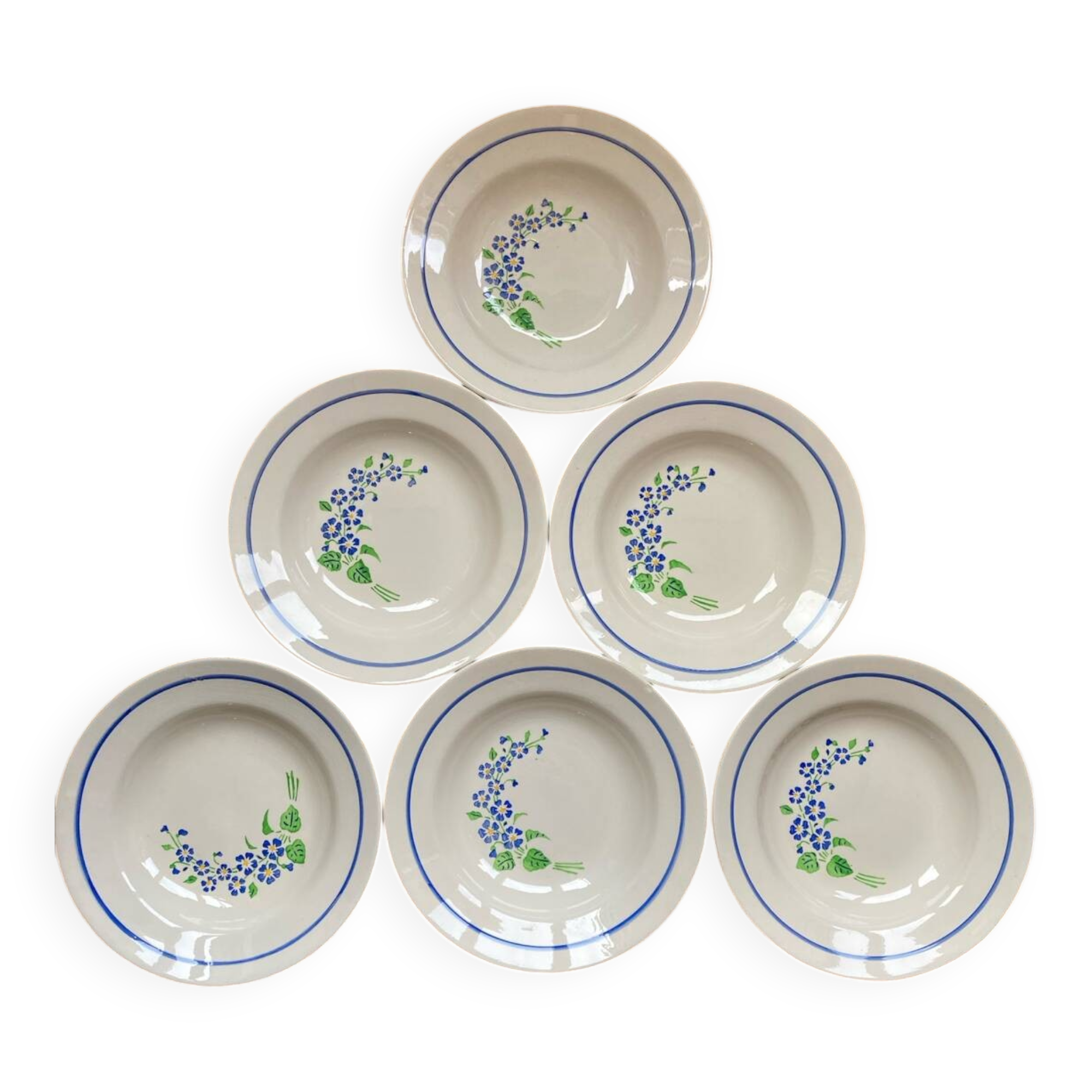 6 assiettes creuses Niderviller à décor de fleurs bleues