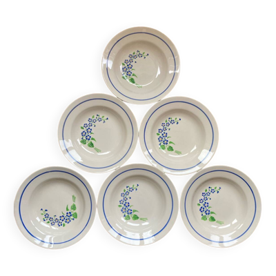 6 assiettes creuses Niderviller à décor de fleurs bleues