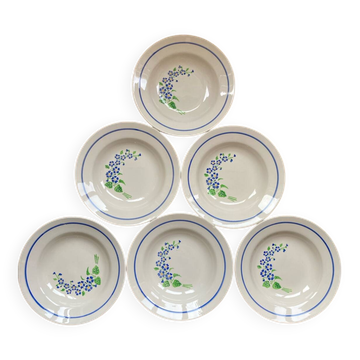 6 assiettes creuses Niderviller à décor de fleurs bleues