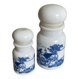 Lot of two apothecary medicine pots opaline spices gallant scene Made in Belgium vintage