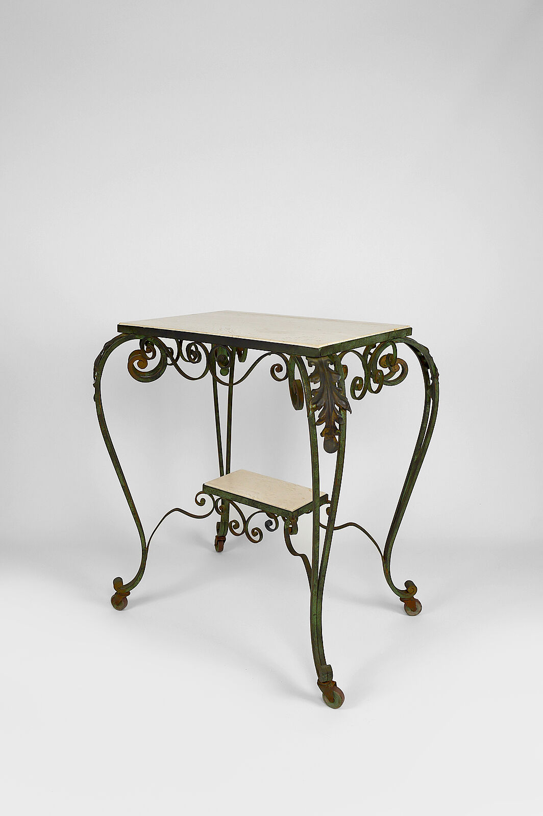 Art deco rolling service in wrought iron and travertine, france, 1940s