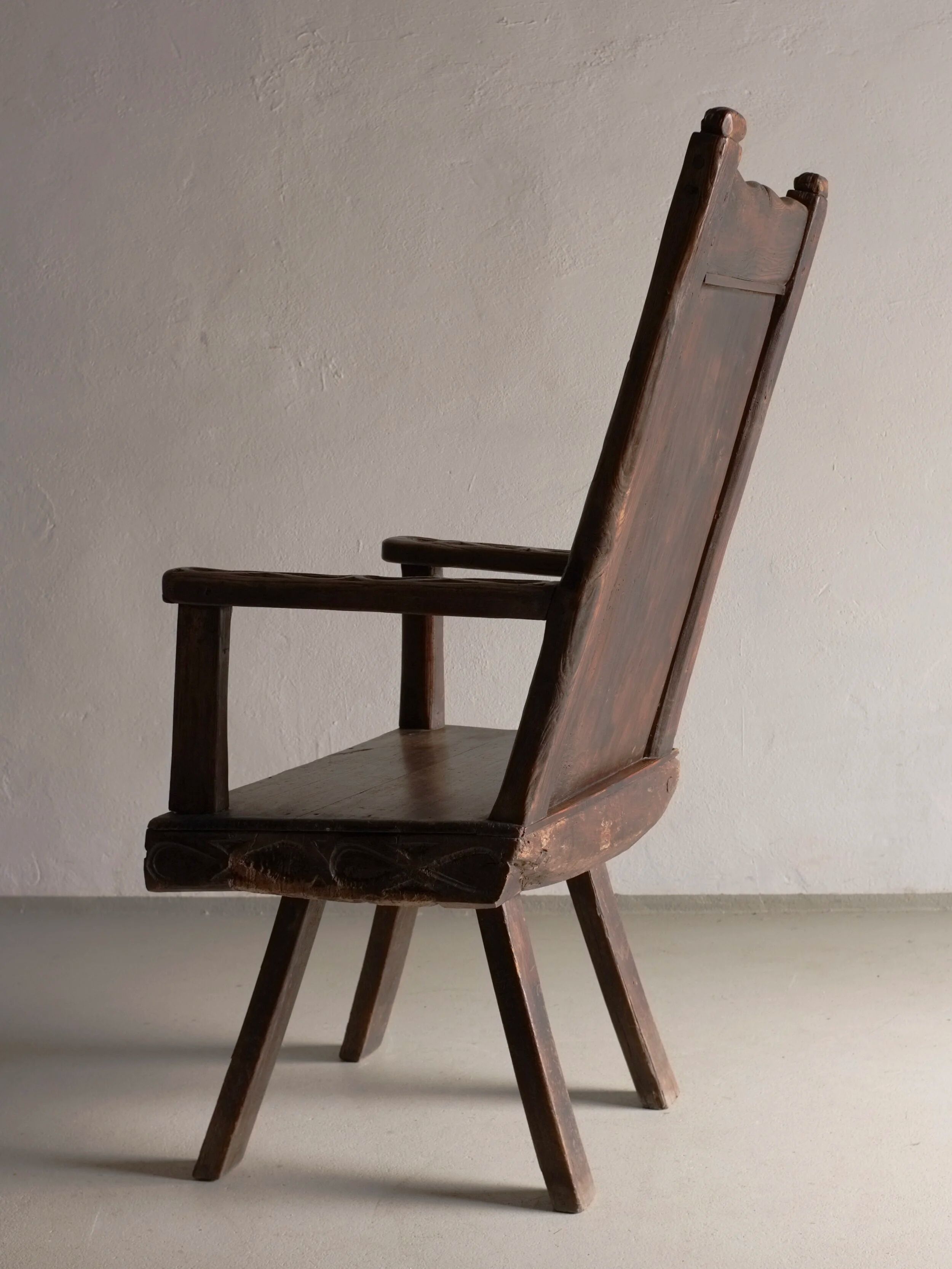 Antique primitive carved oak arm chair, Belgium