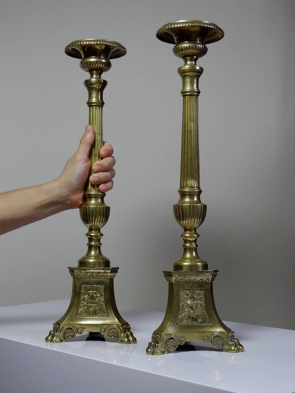 Pair of large 19th century church candlesticks in gilded bronze