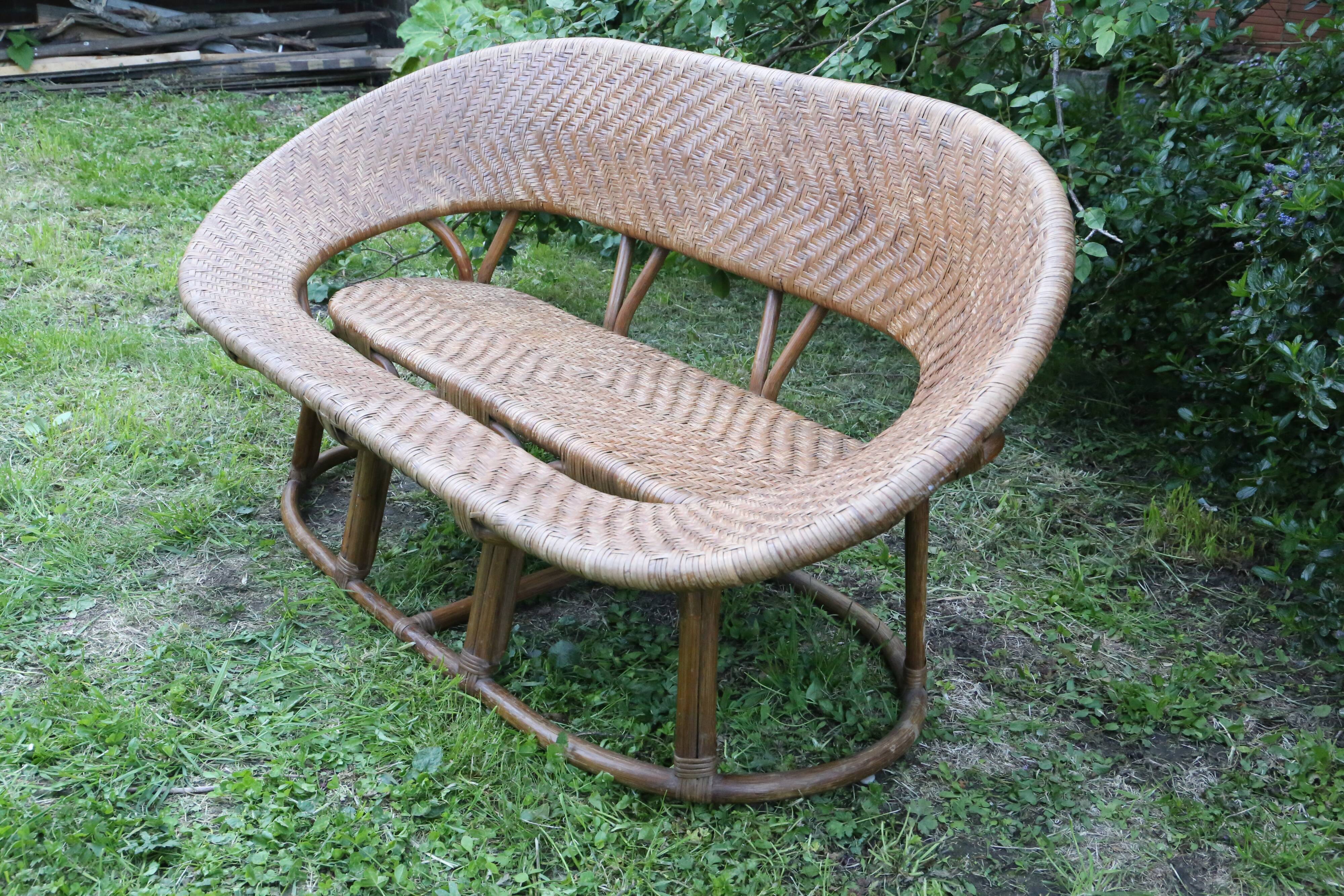 Rattan and wicker bench, vintage