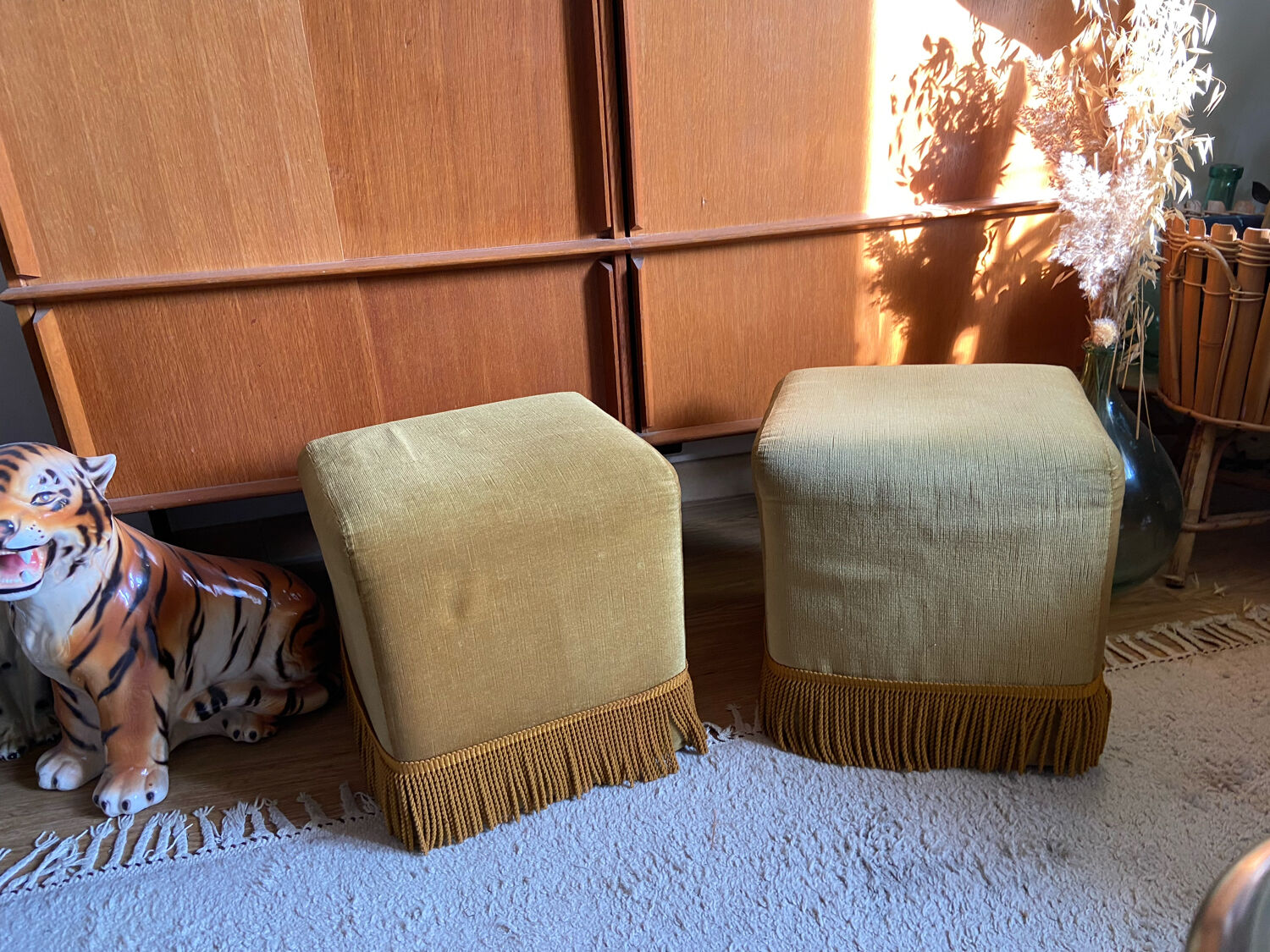 Pair of vintage fringed velvet poufs