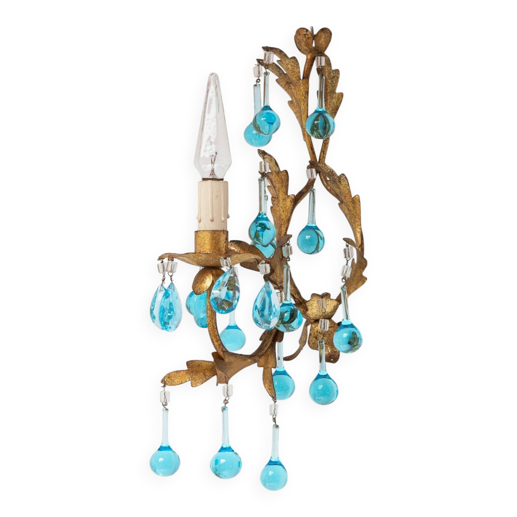 Applique murale italienne en fer doré et cristaux bleu turquoise, vers 1960