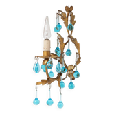 Italian wall sconce in gilded iron and turquoise blue crystals, circa 1960.