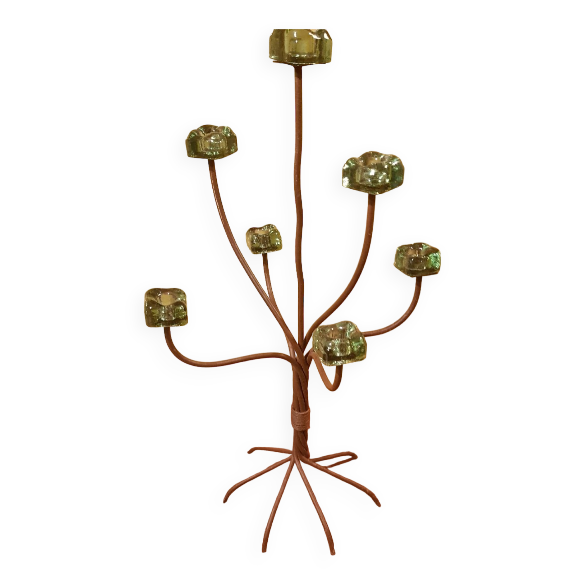 Large designer 6-branched candlestick in wrought iron and glass.